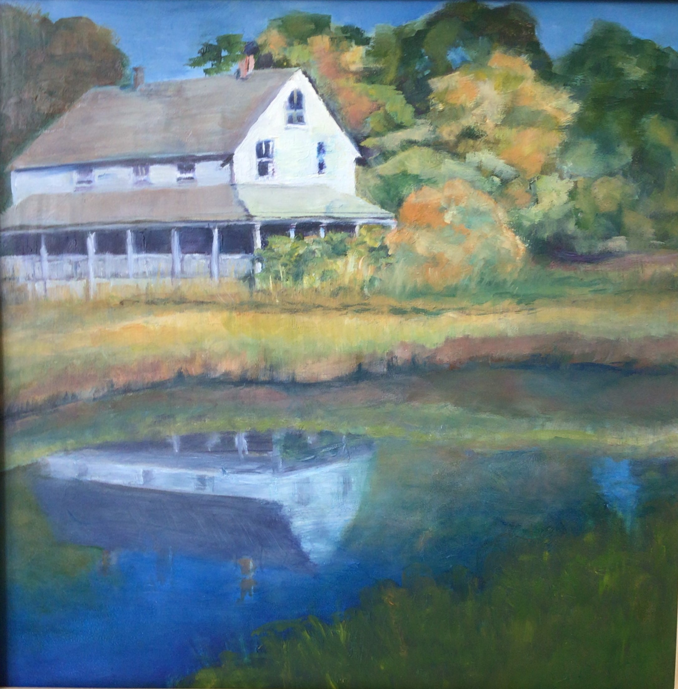 Painting of a building on the edge of a stream.