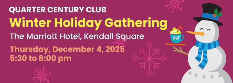 Magenta background with falling snowflakes, a cartoon snowman in tophat holds an MIT mug with cocoa; text included below.